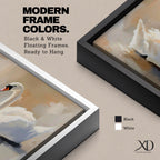 Panoramic painting depicting two white swans facing each other on calm water with their curved necks forming a heart shape. Soft brushstrokes and warm neutral tones surround the birds while gentle reflections appear on the lake surface, creating a serene composition centered on the pair of swans.