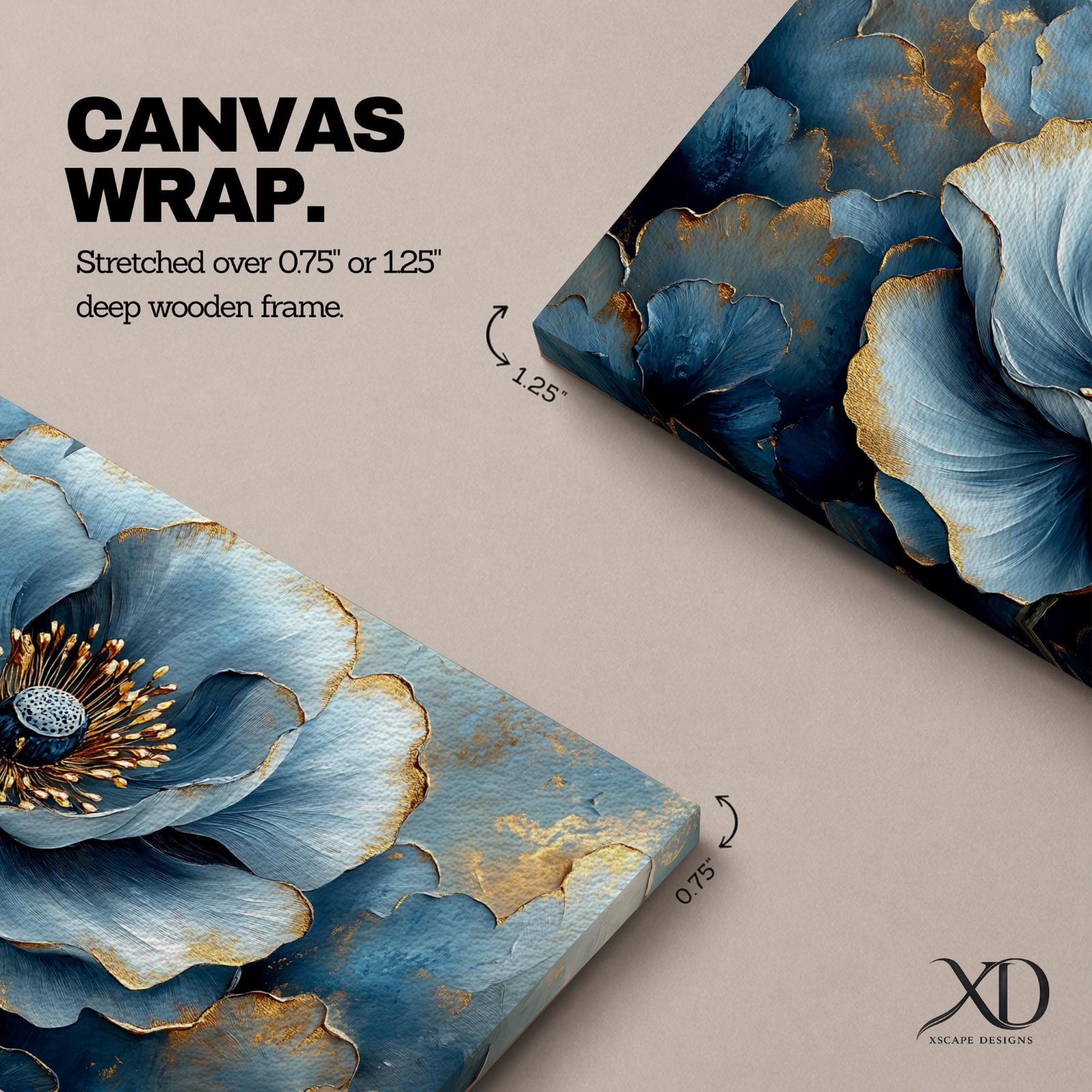 Panoramic floral artwork featuring a large blue poppy bloom with layered petals highlighted by soft gold accents and textured brushstrokes. The central flower is surrounded by additional blue blossoms and dark botanical forms creating depth, with rich blue tones and metallic details emphasizing the petals and center of the flower.