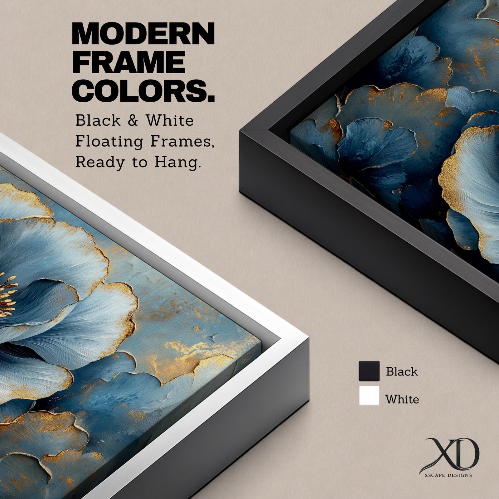 Panoramic floral artwork featuring a large blue poppy bloom with layered petals highlighted by soft gold accents and textured brushstrokes. The central flower is surrounded by additional blue blossoms and dark botanical forms creating depth, with rich blue tones and metallic details emphasizing the petals and center of the flower.