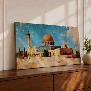 Panoramic painting depicting Masjid Al Aqsa and the golden Dome of the Rock rising above historic Jerusalem stone architecture. A tall minaret and surrounding buildings appear beneath a textured blue sky while warm earth tones and layered brushstrokes emphasize the iconic skyline and historic Islamic landmarks of the holy city.