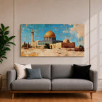 Panoramic painting depicting Masjid Al Aqsa and the golden Dome of the Rock rising above historic Jerusalem stone architecture. A tall minaret and surrounding buildings appear beneath a textured blue sky while warm earth tones and layered brushstrokes emphasize the iconic skyline and historic Islamic landmarks of the holy city.