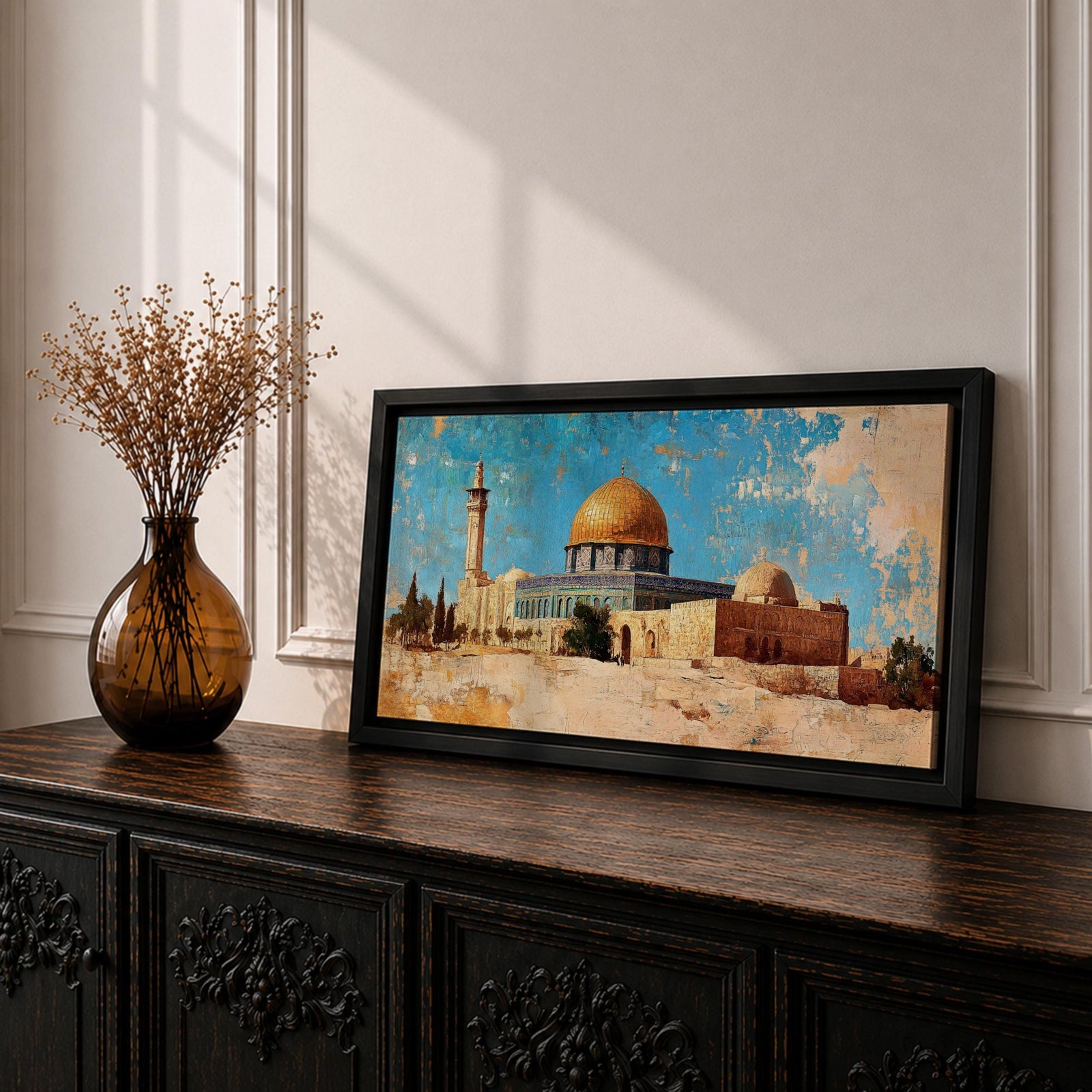 Panoramic painting depicting Masjid Al Aqsa and the golden Dome of the Rock rising above historic Jerusalem stone architecture. A tall minaret and surrounding buildings appear beneath a textured blue sky while warm earth tones and layered brushstrokes emphasize the iconic skyline and historic Islamic landmarks of the holy city.
