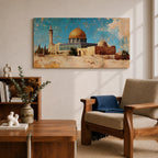 Panoramic painting depicting Masjid Al Aqsa and the golden Dome of the Rock rising above historic Jerusalem stone architecture. A tall minaret and surrounding buildings appear beneath a textured blue sky while warm earth tones and layered brushstrokes emphasize the iconic skyline and historic Islamic landmarks of the holy city.