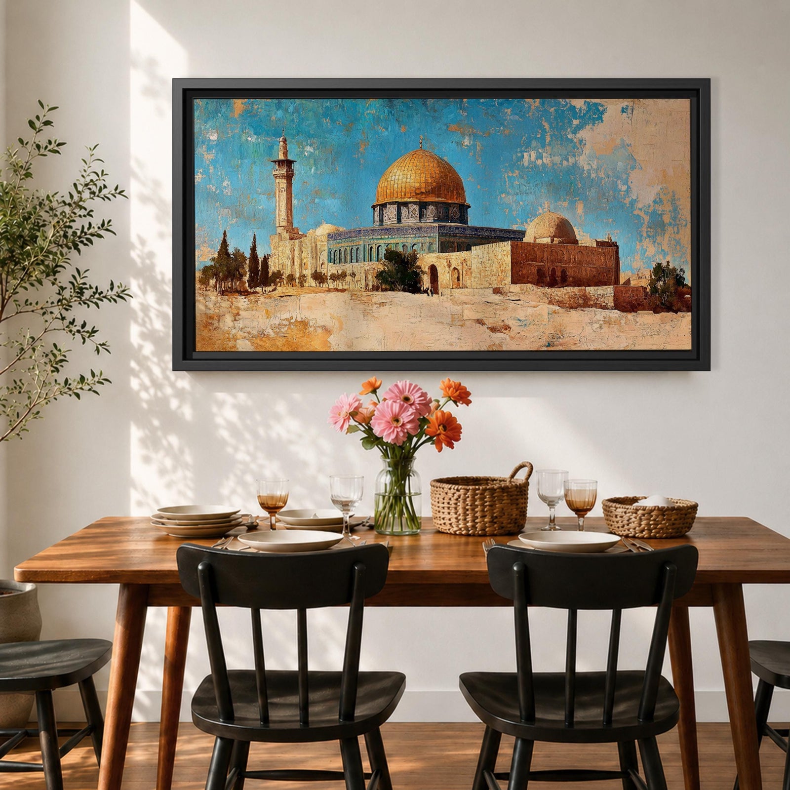 Panoramic painting depicting Masjid Al Aqsa and the golden Dome of the Rock rising above historic Jerusalem stone architecture. A tall minaret and surrounding buildings appear beneath a textured blue sky while warm earth tones and layered brushstrokes emphasize the iconic skyline and historic Islamic landmarks of the holy city.
