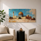 Panoramic painting depicting Masjid Al Aqsa and the golden Dome of the Rock rising above historic Jerusalem stone architecture. A tall minaret and surrounding buildings appear beneath a textured blue sky while warm earth tones and layered brushstrokes emphasize the iconic skyline and historic Islamic landmarks of the holy city.