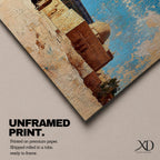 Panoramic painting depicting Masjid Al Aqsa and the golden Dome of the Rock rising above historic Jerusalem stone architecture. A tall minaret and surrounding buildings appear beneath a textured blue sky while warm earth tones and layered brushstrokes emphasize the iconic skyline and historic Islamic landmarks of the holy city.