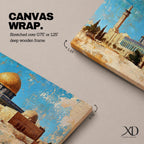 Panoramic painting depicting Masjid Al Aqsa and the golden Dome of the Rock rising above historic Jerusalem stone architecture. A tall minaret and surrounding buildings appear beneath a textured blue sky while warm earth tones and layered brushstrokes emphasize the iconic skyline and historic Islamic landmarks of the holy city.