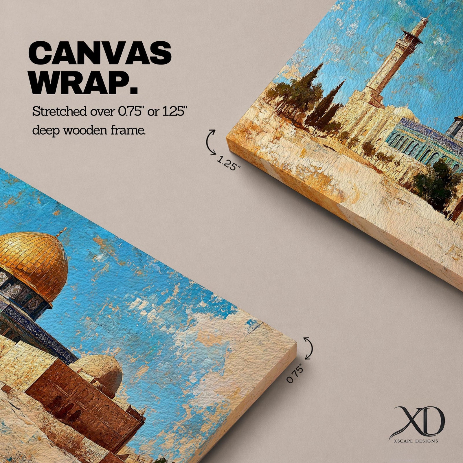 Panoramic painting depicting Masjid Al Aqsa and the golden Dome of the Rock rising above historic Jerusalem stone architecture. A tall minaret and surrounding buildings appear beneath a textured blue sky while warm earth tones and layered brushstrokes emphasize the iconic skyline and historic Islamic landmarks of the holy city.