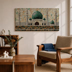 Panoramic mosaic style artwork depicting Masjid Nabawi with its iconic green dome and surrounding minarets rising above detailed stone architecture. The scene is composed of small tile like shapes forming the mosque walls, domes, and decorative patterns, emphasizing the central green dome and symmetrical Islamic architecture.
