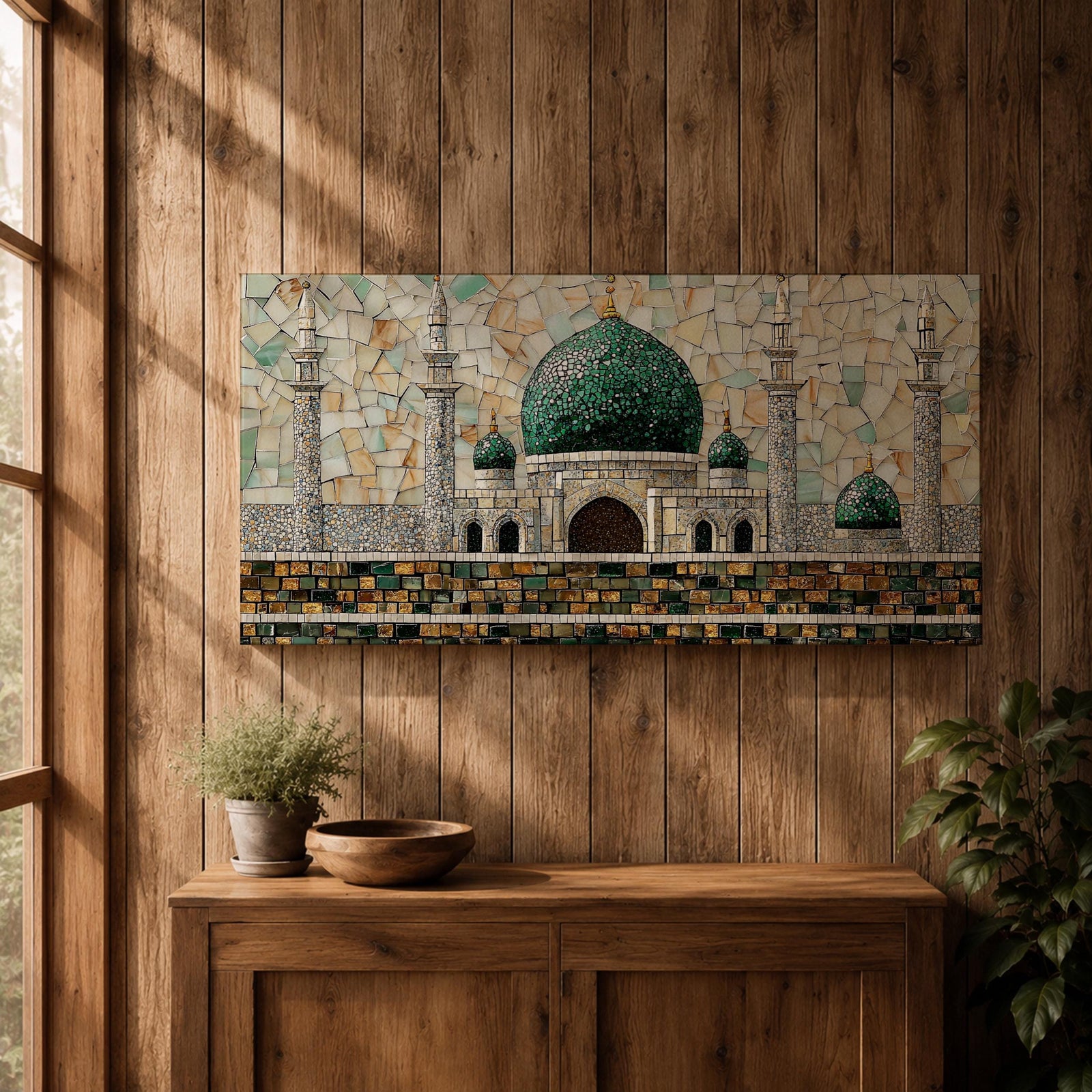 Panoramic mosaic style artwork depicting Masjid Nabawi with its iconic green dome and surrounding minarets rising above detailed stone architecture. The scene is composed of small tile like shapes forming the mosque walls, domes, and decorative patterns, emphasizing the central green dome and symmetrical Islamic architecture.