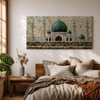 Panoramic mosaic style artwork depicting Masjid Nabawi with its iconic green dome and surrounding minarets rising above detailed stone architecture. The scene is composed of small tile like shapes forming the mosque walls, domes, and decorative patterns, emphasizing the central green dome and symmetrical Islamic architecture.