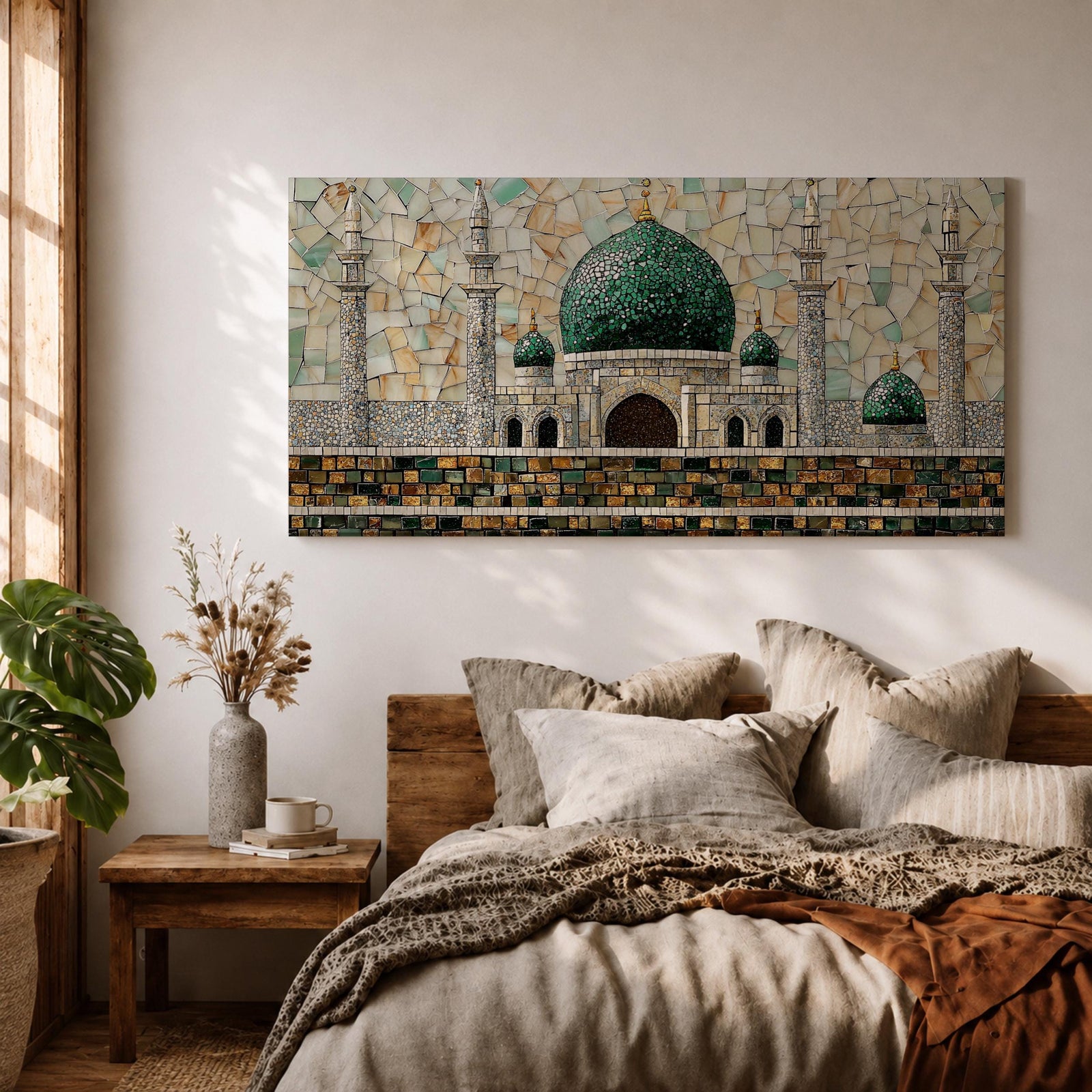 Panoramic mosaic style artwork depicting Masjid Nabawi with its iconic green dome and surrounding minarets rising above detailed stone architecture. The scene is composed of small tile like shapes forming the mosque walls, domes, and decorative patterns, emphasizing the central green dome and symmetrical Islamic architecture.