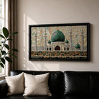 Panoramic mosaic style artwork depicting Masjid Nabawi with its iconic green dome and surrounding minarets rising above detailed stone architecture. The scene is composed of small tile like shapes forming the mosque walls, domes, and decorative patterns, emphasizing the central green dome and symmetrical Islamic architecture.