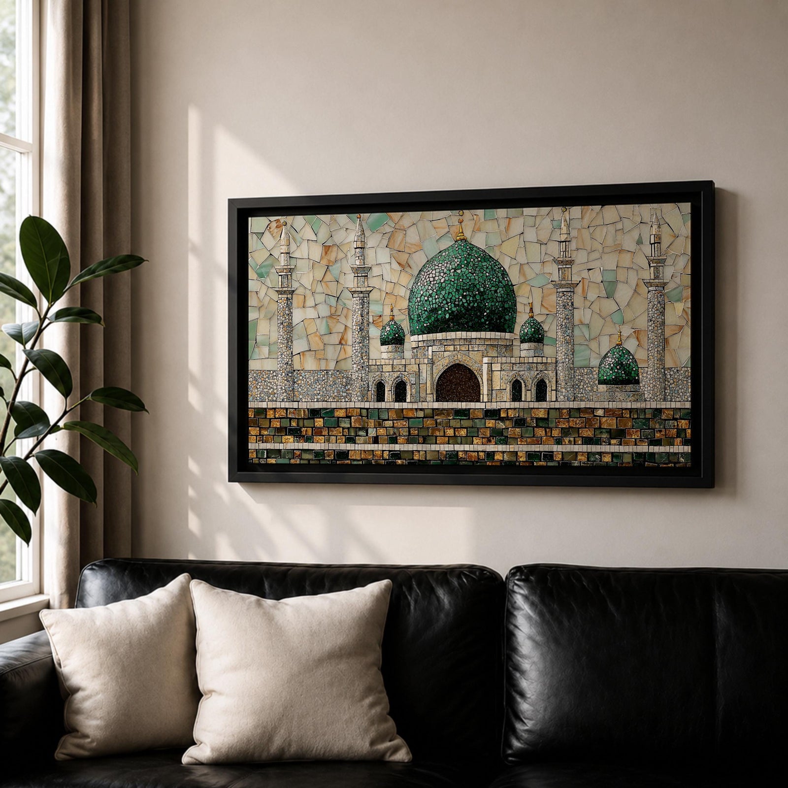 Panoramic mosaic style artwork depicting Masjid Nabawi with its iconic green dome and surrounding minarets rising above detailed stone architecture. The scene is composed of small tile like shapes forming the mosque walls, domes, and decorative patterns, emphasizing the central green dome and symmetrical Islamic architecture.
