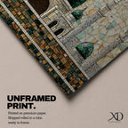 Panoramic mosaic style artwork depicting Masjid Nabawi with its iconic green dome and surrounding minarets rising above detailed stone architecture. The scene is composed of small tile like shapes forming the mosque walls, domes, and decorative patterns, emphasizing the central green dome and symmetrical Islamic architecture.