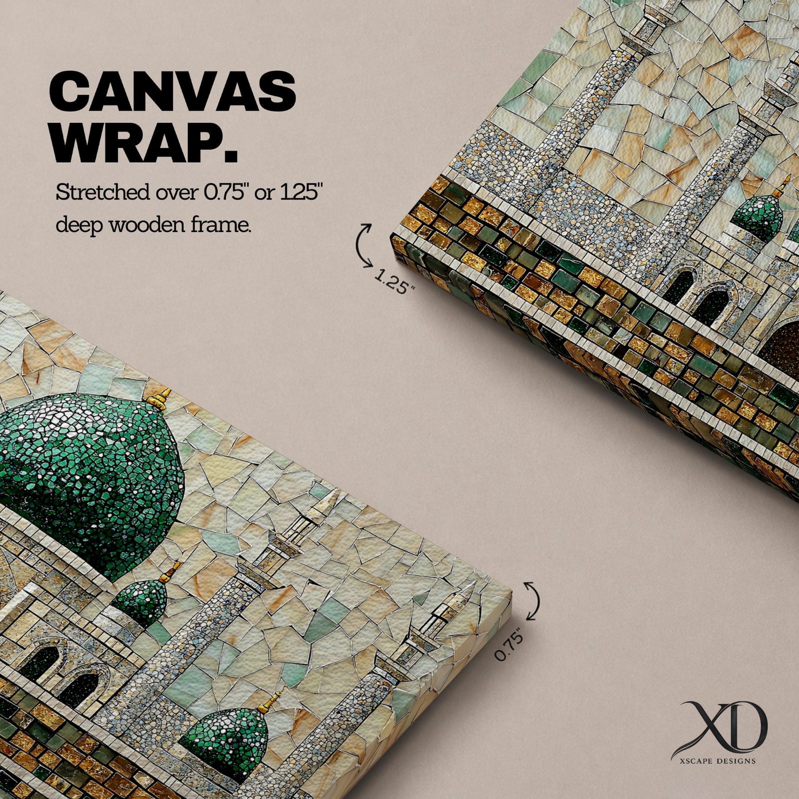 Panoramic mosaic style artwork depicting Masjid Nabawi with its iconic green dome and surrounding minarets rising above detailed stone architecture. The scene is composed of small tile like shapes forming the mosque walls, domes, and decorative patterns, emphasizing the central green dome and symmetrical Islamic architecture.