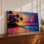 Panoramic tropical beach painting featuring tall palm trees leaning over a sandy shoreline as waves meet the coast beneath a vivid sunset. The sky glows with bold colors of orange, pink, purple, and blue reflecting across the ocean water, creating a dramatic island sunset scene with expressive brushstrokes.