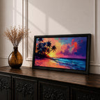 Panoramic tropical beach painting featuring tall palm trees leaning over a sandy shoreline as waves meet the coast beneath a vivid sunset. The sky glows with bold colors of orange, pink, purple, and blue reflecting across the ocean water, creating a dramatic island sunset scene with expressive brushstrokes.