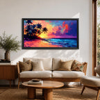 Panoramic tropical beach painting featuring tall palm trees leaning over a sandy shoreline as waves meet the coast beneath a vivid sunset. The sky glows with bold colors of orange, pink, purple, and blue reflecting across the ocean water, creating a dramatic island sunset scene with expressive brushstrokes.