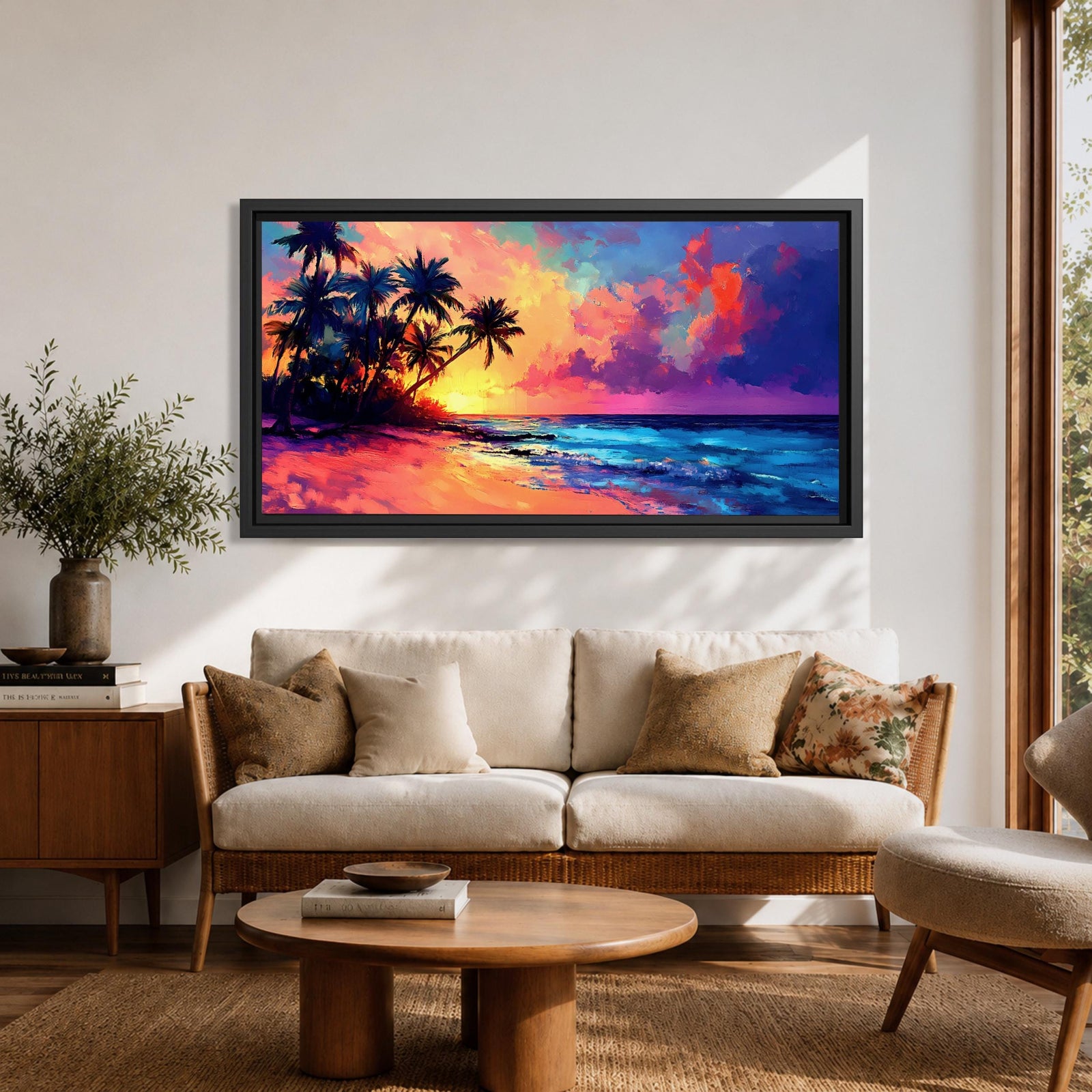 Panoramic tropical beach painting featuring tall palm trees leaning over a sandy shoreline as waves meet the coast beneath a vivid sunset. The sky glows with bold colors of orange, pink, purple, and blue reflecting across the ocean water, creating a dramatic island sunset scene with expressive brushstrokes.