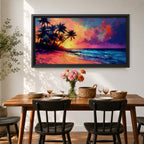 Panoramic tropical beach painting featuring tall palm trees leaning over a sandy shoreline as waves meet the coast beneath a vivid sunset. The sky glows with bold colors of orange, pink, purple, and blue reflecting across the ocean water, creating a dramatic island sunset scene with expressive brushstrokes.