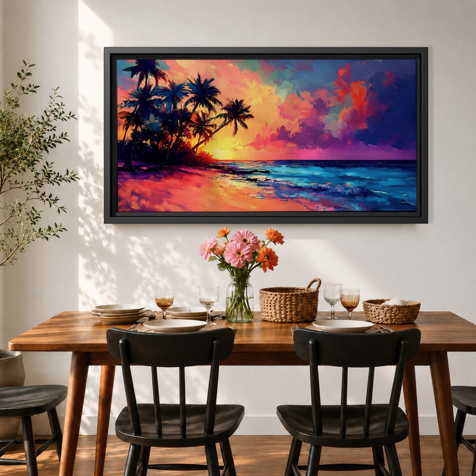 Panoramic tropical beach painting featuring tall palm trees leaning over a sandy shoreline as waves meet the coast beneath a vivid sunset. The sky glows with bold colors of orange, pink, purple, and blue reflecting across the ocean water, creating a dramatic island sunset scene with expressive brushstrokes.