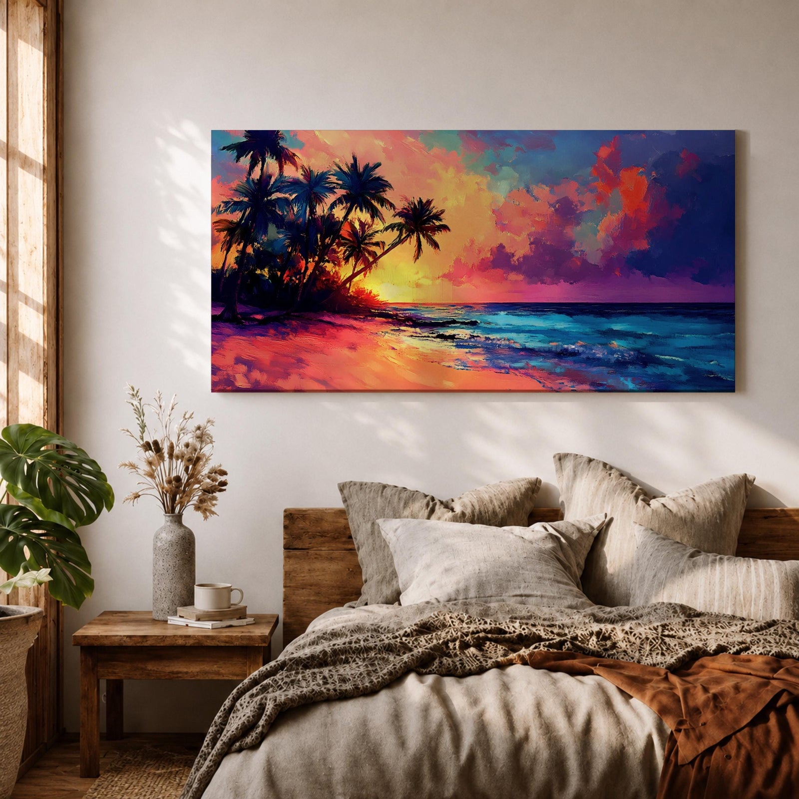 Panoramic tropical beach painting featuring tall palm trees leaning over a sandy shoreline as waves meet the coast beneath a vivid sunset. The sky glows with bold colors of orange, pink, purple, and blue reflecting across the ocean water, creating a dramatic island sunset scene with expressive brushstrokes.