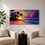 Panoramic tropical beach painting featuring tall palm trees leaning over a sandy shoreline as waves meet the coast beneath a vivid sunset. The sky glows with bold colors of orange, pink, purple, and blue reflecting across the ocean water, creating a dramatic island sunset scene with expressive brushstrokes.