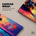 Panoramic tropical beach painting featuring tall palm trees leaning over a sandy shoreline as waves meet the coast beneath a vivid sunset. The sky glows with bold colors of orange, pink, purple, and blue reflecting across the ocean water, creating a dramatic island sunset scene with expressive brushstrokes.