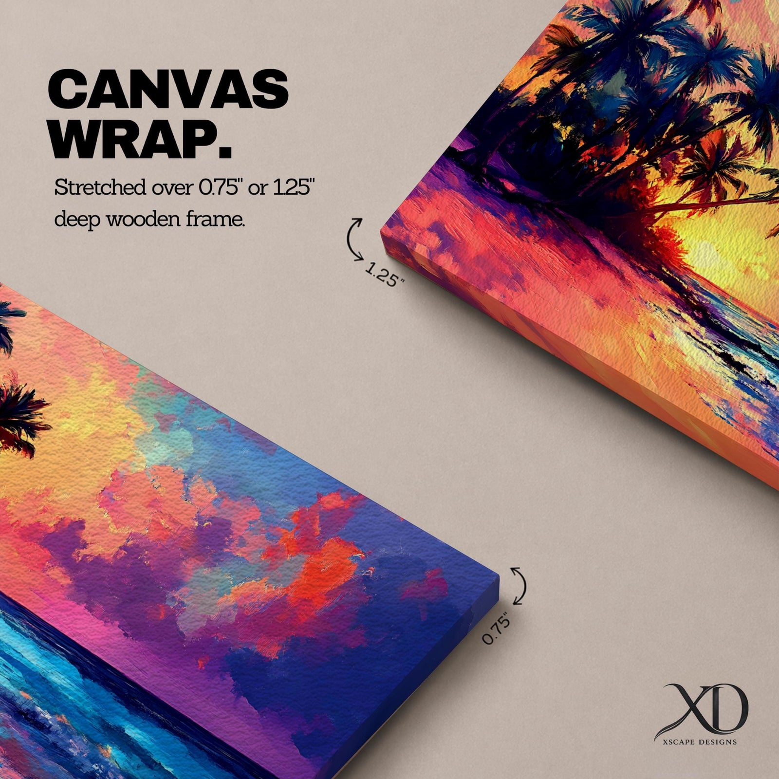 Panoramic tropical beach painting featuring tall palm trees leaning over a sandy shoreline as waves meet the coast beneath a vivid sunset. The sky glows with bold colors of orange, pink, purple, and blue reflecting across the ocean water, creating a dramatic island sunset scene with expressive brushstrokes.