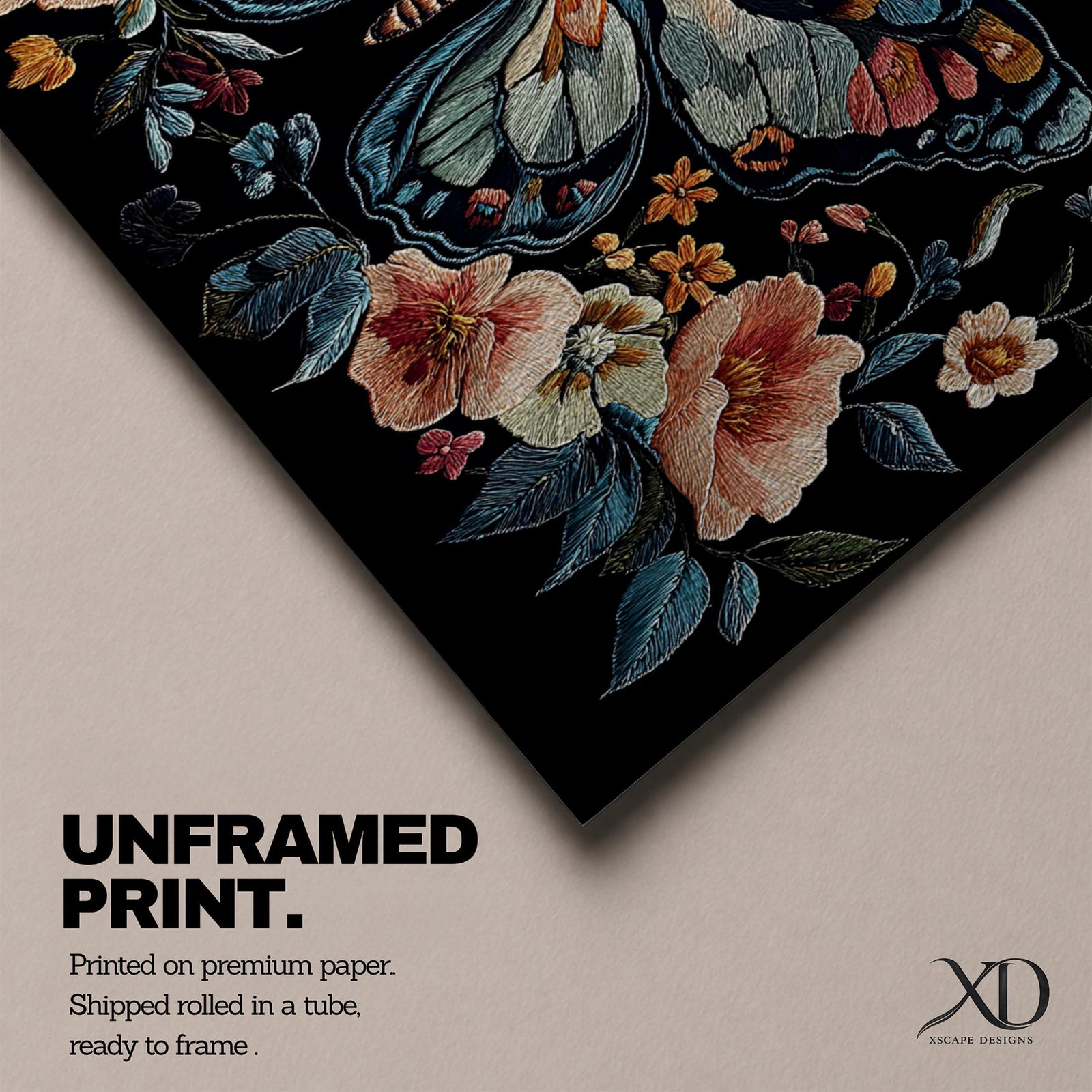 Panoramic artwork depicting a large symmetrical butterfly with intricate patterned wings in blue, cream, and rust tones surrounded by blooming flowers and leafy botanical elements. The composition resembles detailed embroidered textile artwork set against a deep black background with balanced floral arrangements framing the butterfly.