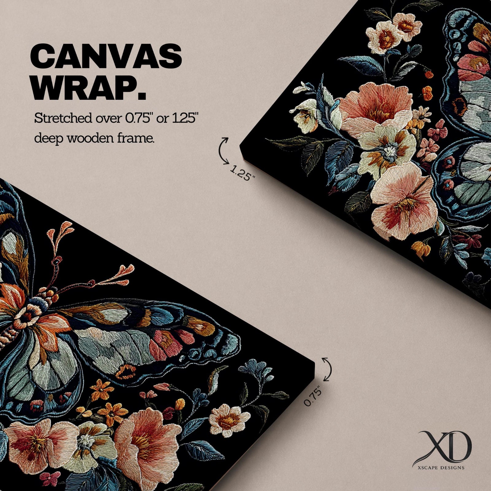 Panoramic artwork depicting a large symmetrical butterfly with intricate patterned wings in blue, cream, and rust tones surrounded by blooming flowers and leafy botanical elements. The composition resembles detailed embroidered textile artwork set against a deep black background with balanced floral arrangements framing the butterfly.