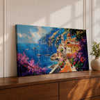 Panoramic painting of the Amalfi Coast featuring a colorful seaside village perched above deep blue Mediterranean water. Boats float across the bay while a stone path lined with blooming bougainvillea leads toward warm sunlit buildings and a domed church, with dramatic coastal cliffs and mountains rising in the distance.