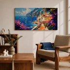 Panoramic painting of the Amalfi Coast featuring a colorful seaside village perched above deep blue Mediterranean water. Boats float across the bay while a stone path lined with blooming bougainvillea leads toward warm sunlit buildings and a domed church, with dramatic coastal cliffs and mountains rising in the distance.