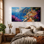 Panoramic painting of the Amalfi Coast featuring a colorful seaside village perched above deep blue Mediterranean water. Boats float across the bay while a stone path lined with blooming bougainvillea leads toward warm sunlit buildings and a domed church, with dramatic coastal cliffs and mountains rising in the distance.