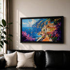 Panoramic painting of the Amalfi Coast featuring a colorful seaside village perched above deep blue Mediterranean water. Boats float across the bay while a stone path lined with blooming bougainvillea leads toward warm sunlit buildings and a domed church, with dramatic coastal cliffs and mountains rising in the distance.