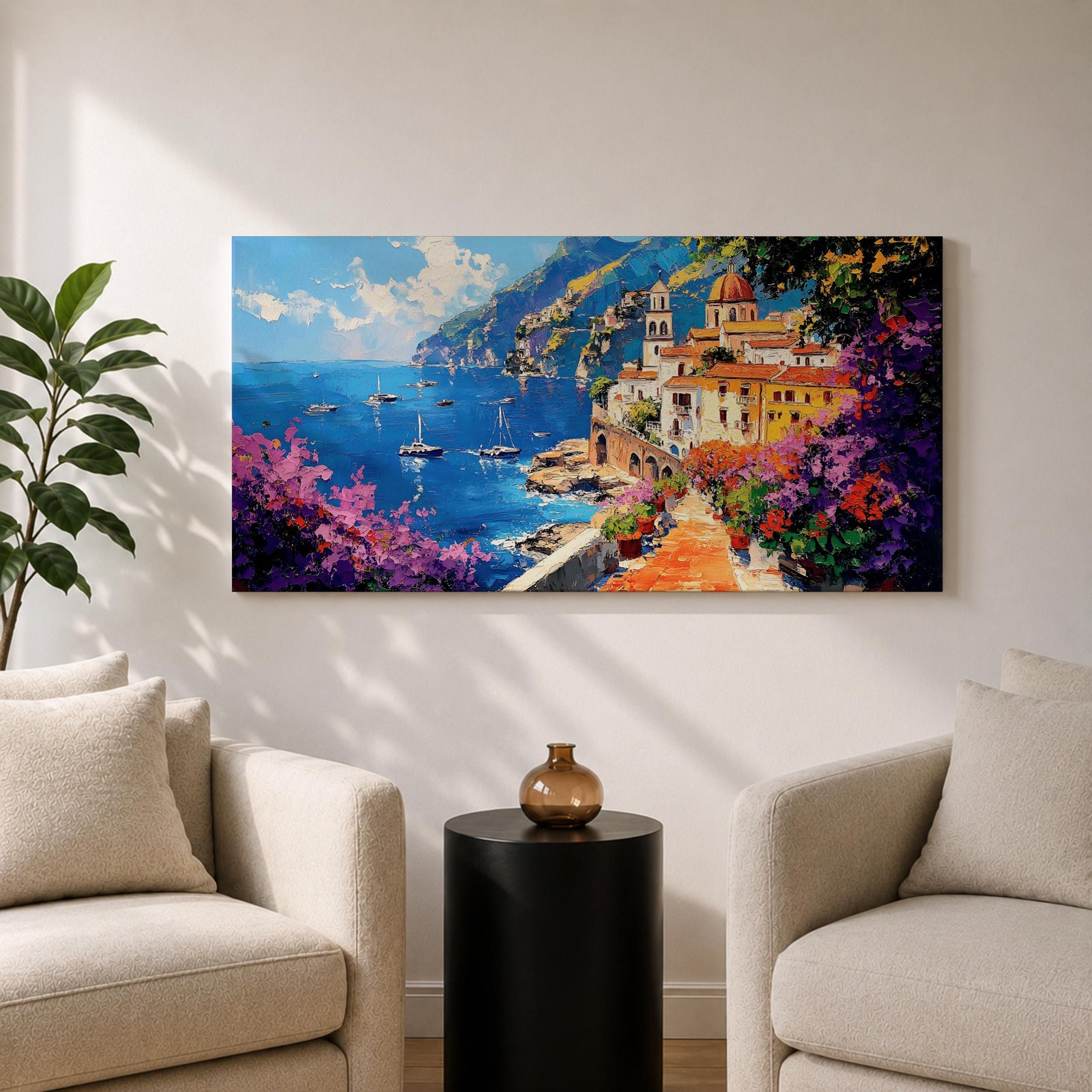 Panoramic painting of the Amalfi Coast featuring a colorful seaside village perched above deep blue Mediterranean water. Boats float across the bay while a stone path lined with blooming bougainvillea leads toward warm sunlit buildings and a domed church, with dramatic coastal cliffs and mountains rising in the distance.