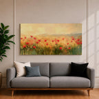 Panoramic painting of a wild poppy field filled with red blossoms scattered across tall grasses and soft meadow plants. The scene shows glowing golden light across the landscape with distant hills fading into a warm sky, while loose brushstrokes capture the movement of wildflowers spread across the field.