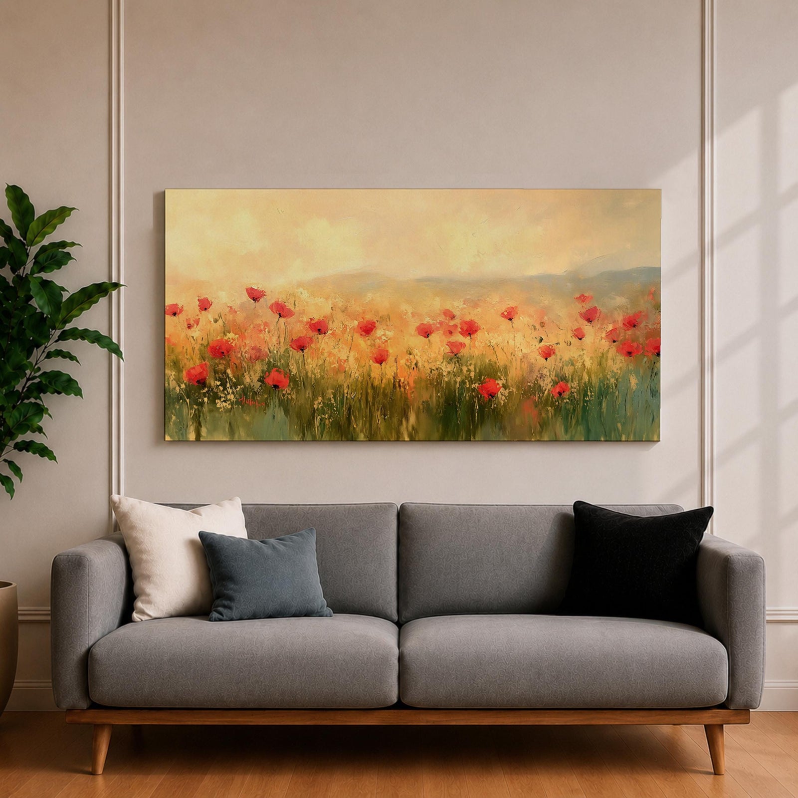 Panoramic painting of a wild poppy field filled with red blossoms scattered across tall grasses and soft meadow plants. The scene shows glowing golden light across the landscape with distant hills fading into a warm sky, while loose brushstrokes capture the movement of wildflowers spread across the field.