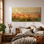 Panoramic painting of a wild poppy field filled with red blossoms scattered across tall grasses and soft meadow plants. The scene shows glowing golden light across the landscape with distant hills fading into a warm sky, while loose brushstrokes capture the movement of wildflowers spread across the field.