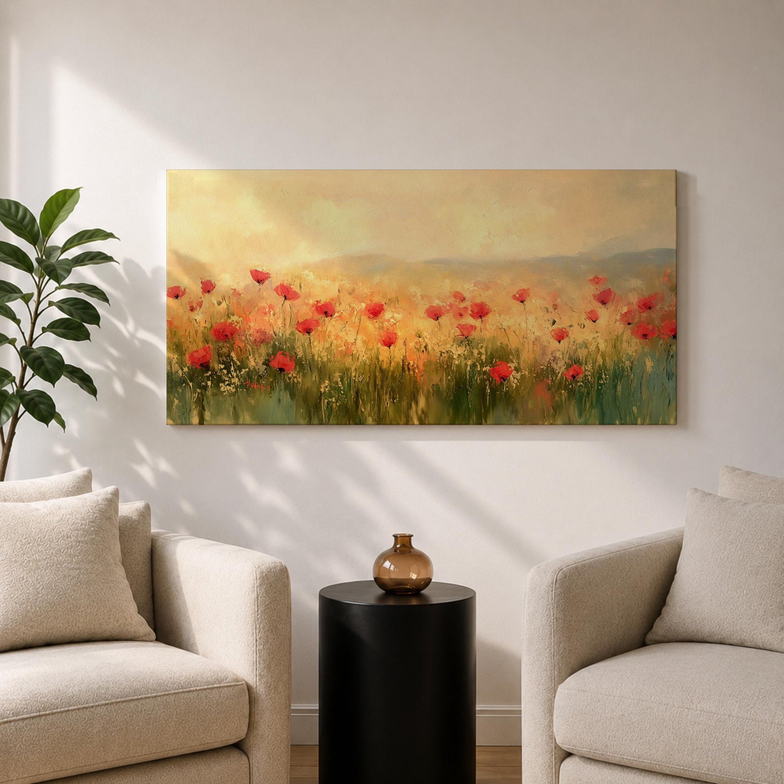 Panoramic painting of a wild poppy field filled with red blossoms scattered across tall grasses and soft meadow plants. The scene shows glowing golden light across the landscape with distant hills fading into a warm sky, while loose brushstrokes capture the movement of wildflowers spread across the field.