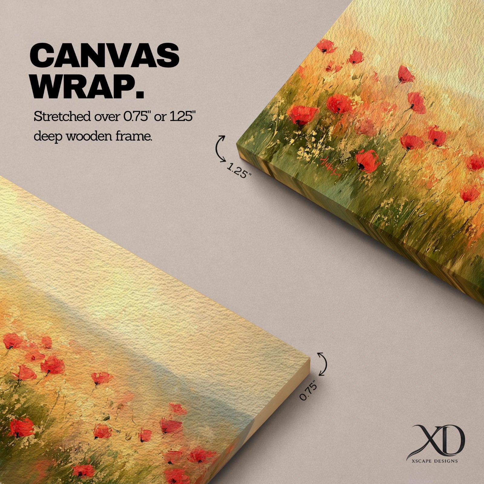 Panoramic painting of a wild poppy field filled with red blossoms scattered across tall grasses and soft meadow plants. The scene shows glowing golden light across the landscape with distant hills fading into a warm sky, while loose brushstrokes capture the movement of wildflowers spread across the field.