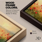 Panoramic painting of a wild poppy field filled with red blossoms scattered across tall grasses and soft meadow plants. The scene shows glowing golden light across the landscape with distant hills fading into a warm sky, while loose brushstrokes capture the movement of wildflowers spread across the field.