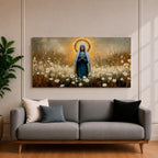 Panoramic painting depicting the Virgin Mary standing in a field of white flowers with hands gently clasped in prayer. A radiant golden halo surrounds her head while warm light fills the sky behind her, and soft brushstrokes capture flowing robes and delicate blossoms across the landscape.