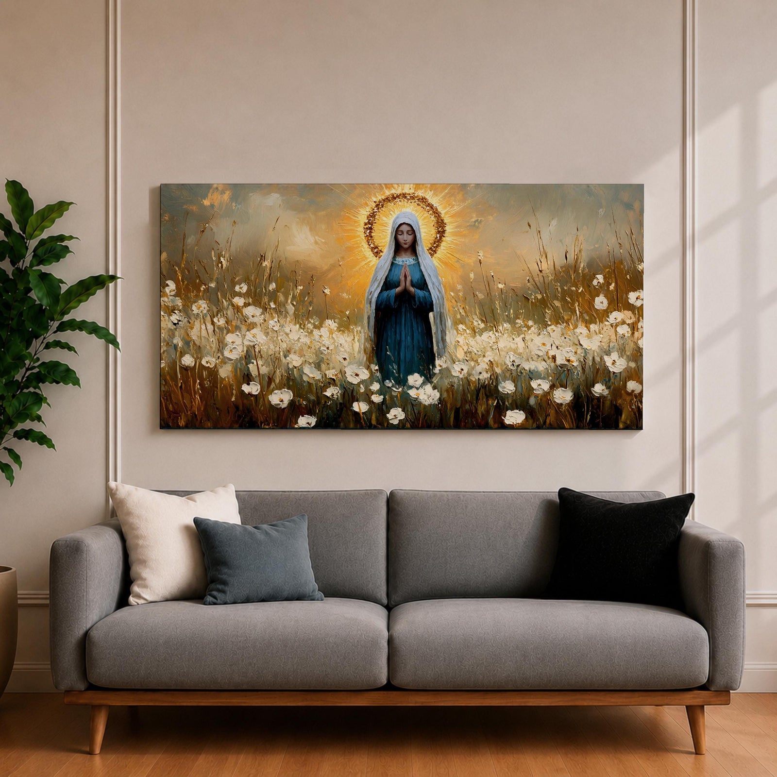 Panoramic painting depicting the Virgin Mary standing in a field of white flowers with hands gently clasped in prayer. A radiant golden halo surrounds her head while warm light fills the sky behind her, and soft brushstrokes capture flowing robes and delicate blossoms across the landscape.