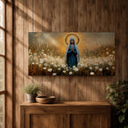 Panoramic painting depicting the Virgin Mary standing in a field of white flowers with hands gently clasped in prayer. A radiant golden halo surrounds her head while warm light fills the sky behind her, and soft brushstrokes capture flowing robes and delicate blossoms across the landscape.