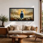 Panoramic painting depicting the Virgin Mary standing in a field of white flowers with hands gently clasped in prayer. A radiant golden halo surrounds her head while warm light fills the sky behind her, and soft brushstrokes capture flowing robes and delicate blossoms across the landscape.
