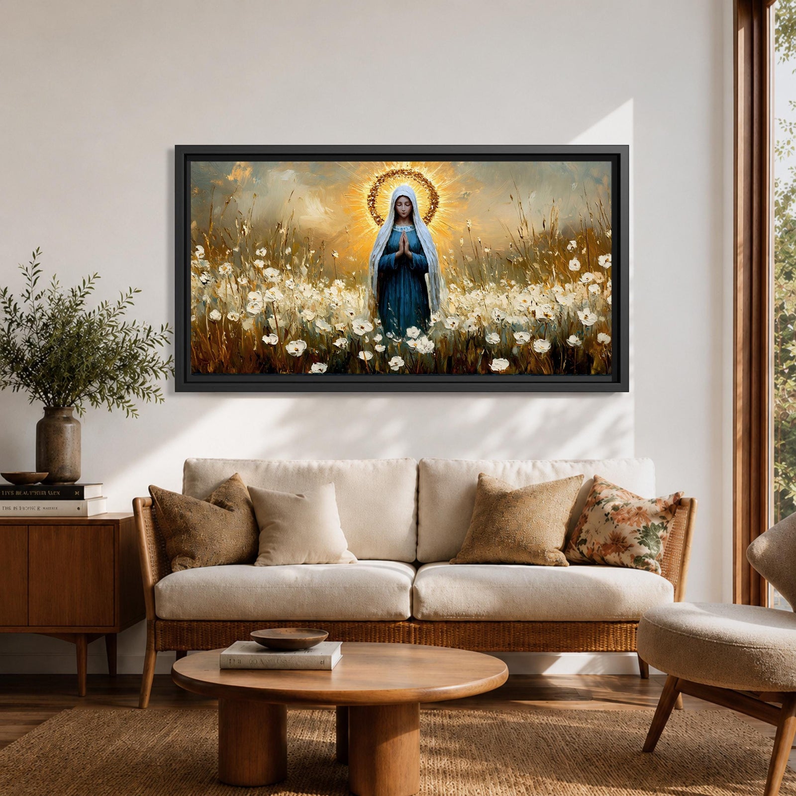 Panoramic painting depicting the Virgin Mary standing in a field of white flowers with hands gently clasped in prayer. A radiant golden halo surrounds her head while warm light fills the sky behind her, and soft brushstrokes capture flowing robes and delicate blossoms across the landscape.