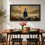 Panoramic painting depicting the Virgin Mary standing in a field of white flowers with hands gently clasped in prayer. A radiant golden halo surrounds her head while warm light fills the sky behind her, and soft brushstrokes capture flowing robes and delicate blossoms across the landscape.
