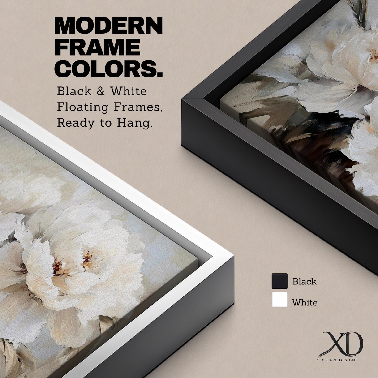 Panoramic floral painting featuring large white peony blossoms with layered petals spreading across the composition. Soft neutral tones and textured brushstrokes emphasize the delicate petals and dark stems beneath, creating depth while the blooms appear clustered together in a flowing horizontal arrangement.